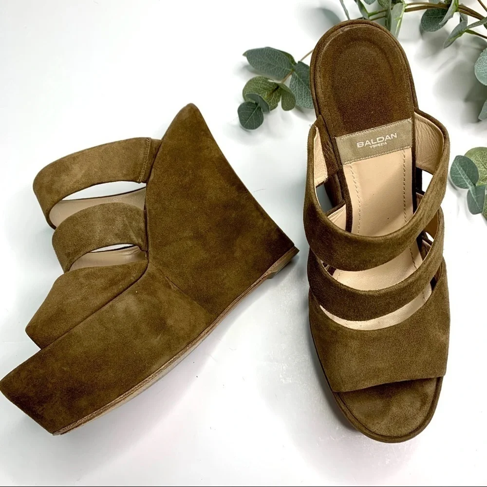 Baldan Tan Brown Suede Platform Wedge Sandals Slide On Mule Designer